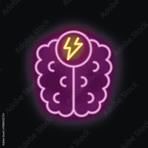 Vibrant neon brain illustration is glowing, symbolizing active thinking, creativity, and the generation of innovative ideas