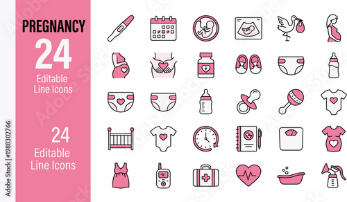A set of 24 editable line icons related to pregnancy, including baby care, health, and parenting elements, ideal for marketing, advertising, and educational materials.