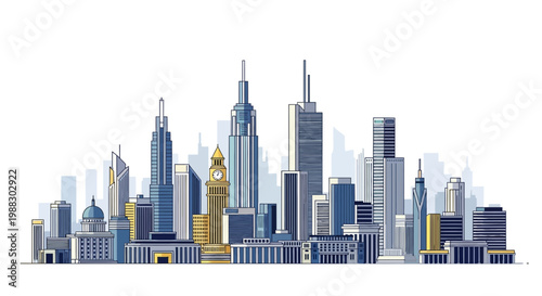 Modern City Skyline with Tall Skyscrapers and Clock Tower, Urban Architecture Illustration