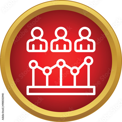 Business team analyzing data and progress in a red round icon