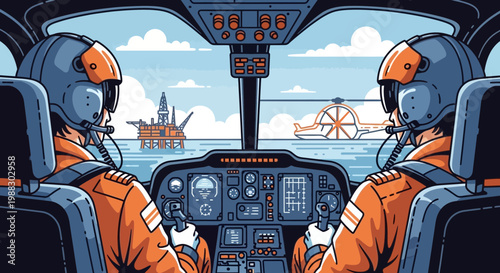 Helicopter pilots in cockpit, view of offshore oil rig and helicopter, sea landscape