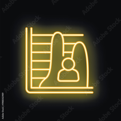Yellow neon icon of a surfer checking surf report on a laptop with a mountain and waves on the screen