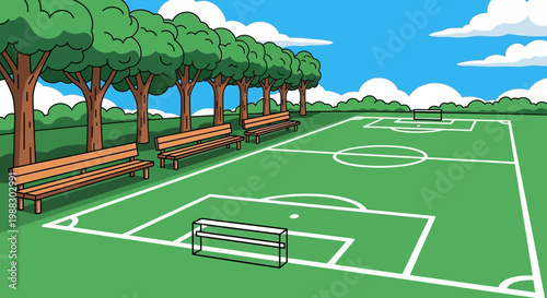 Cartoon Soccer Field with Benches and Trees Under Blue Sky