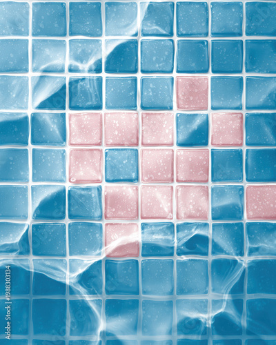 Blue and pink pool tile pattern with water reflections creating calm and refreshing effect