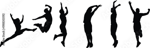 Collection of black silhouettes featuring active young people jumping leaping and celebrating in various energetic poses for fitness sports youth lifestyle and success marketing projects.
