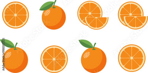 Orange Set with Whole and Sliced Oranges in Flat Vector Style