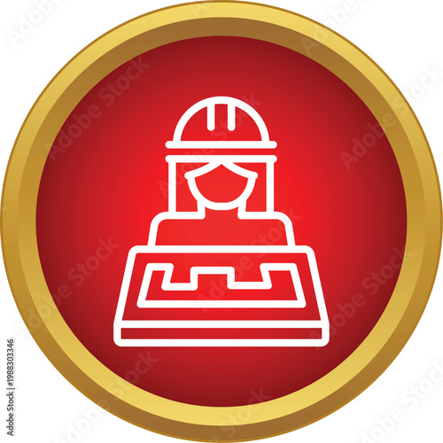 Female architect outline wearing hard hat standing with a building plan in a red circle