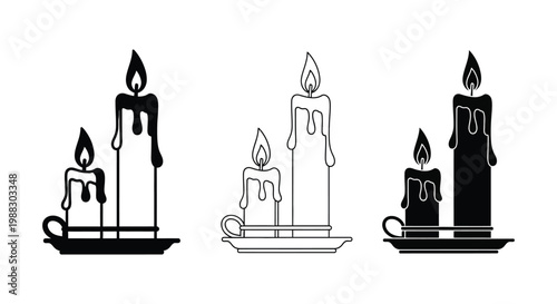 Candle vector silhouettes with melting wax and flames on holders