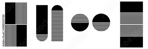 Isolated geometric shapes: square, circle, rectangle. The color is black and white with small stripes. Striped geometric shapes in half. Vector graphics.