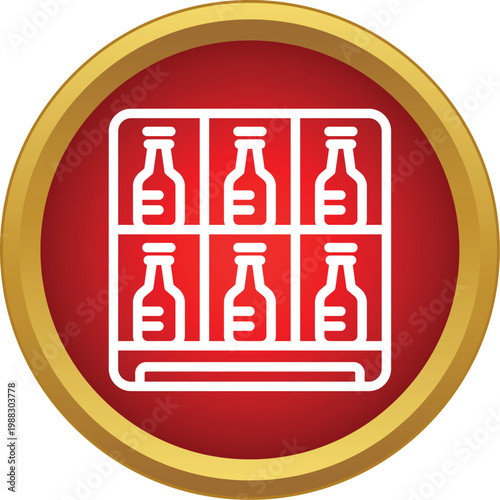 Vending machine icon showing bottles of beverages in a red and gold circle