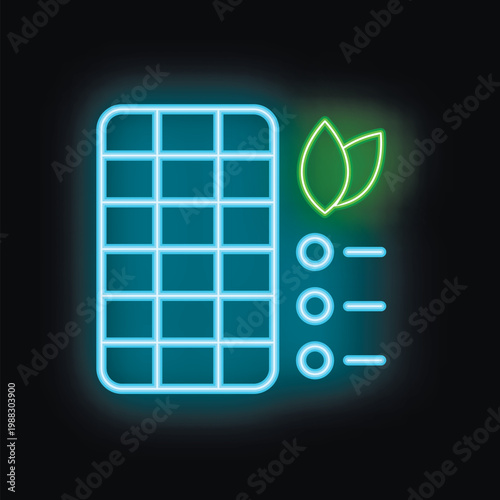 Glowing neon line solar panel generating electricity from the sun icon isolated on a black background vector illustration
