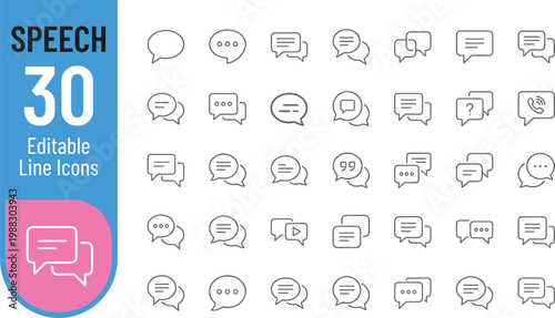 A collection of editable line icons featuring various speech bubbles, suitable for marketing, advertising, and digital communication materials.