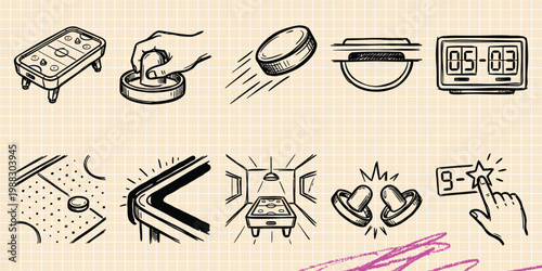 Black ink scribble doodle vector vintage hand drawn illustration of air hockey table game, puck, striker, and digital scoreboard elements for arcade design.