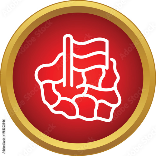 Poland map outline with country flag on a red and gold circular background