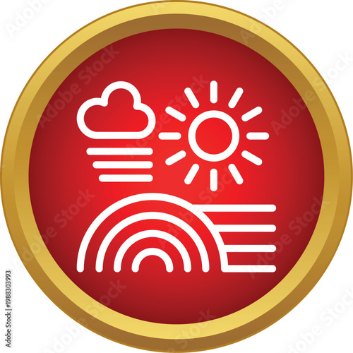 Weather icon showing a cloud, sun, and rainbow inside a red button with a golden border