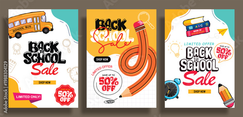 Back to school sale clipart poster design set. School learning clip art banner with 50% off advertising template for limited time discount vector illustration. 
