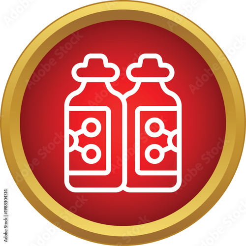 Two white outline vials with molecular symbols inside a red and gold circular icon