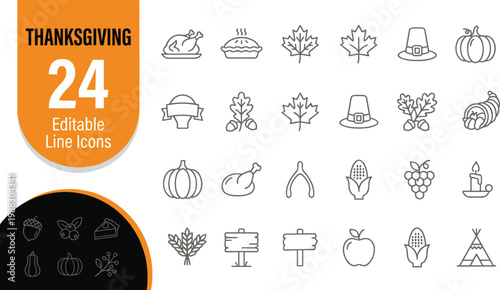 Colorful set of 24 minimalist thanksgiving-themed icons in flat design vector style, perfect for holiday promotions, social media graphics, invitations, and festive marketing materials.