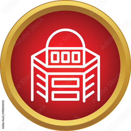Building icon with dome and windows on a round red and gold button