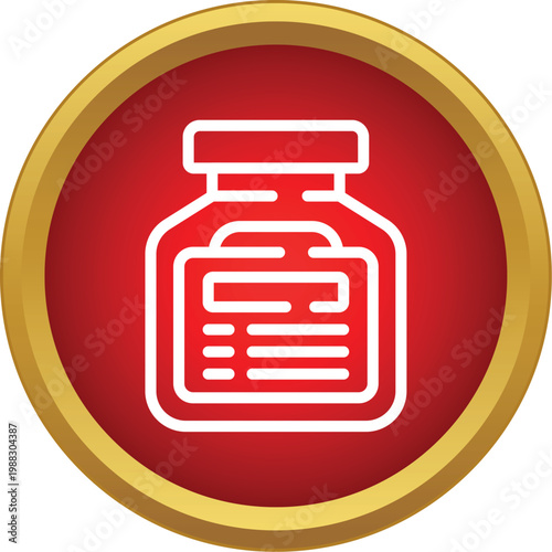Medicine bottle symbol with a label, on a red background with a golden border