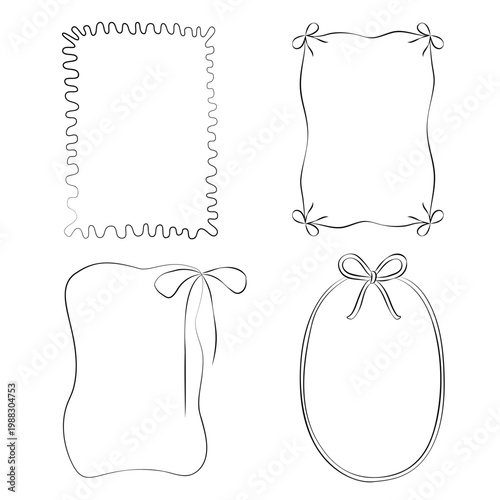 Hand-drawn decorative festive frames with bows graphic illustration, for product design, wedding decor, menu, cards, invitation