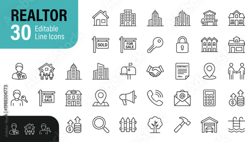 A collection of 30 editable line icons for realtors, including symbols for real estate, property, and business. Ideal for marketing, advertising, and educational materials in the real estate industry.