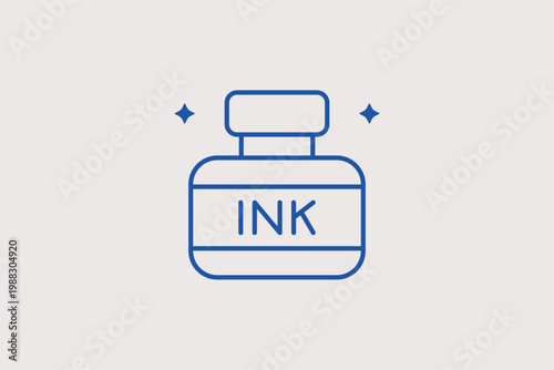 Ink bottle with label line icon for traditional calligraphy and professional fountain pen refilling. Classic Vector Illustration for stationary shop branding and vintage writing tutorials.