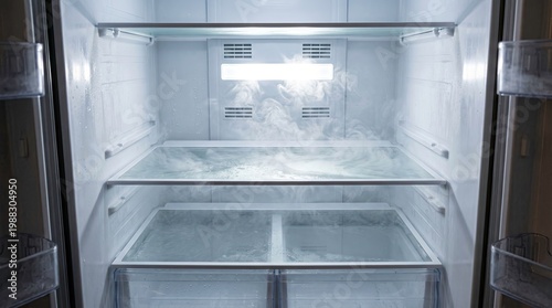 Empty refrigerator interior with frost and ice buildup inside