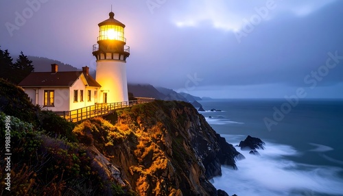 Illuminated coastal beacon atop a cliff at dusk, overlooking a vast, moody ocean under a clouded sky. Dramatic scene