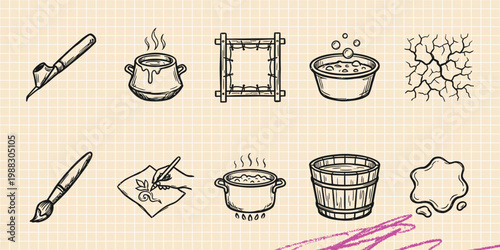 Black ink scribble doodle vector vintage hand drawn illustration of pottery craft, painting tools, clay pot, canvas frame, and art studio supplies.