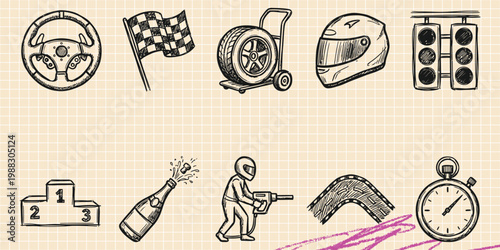 Black ink scribble doodle vector vintage hand drawn illustration of motorsport auto racing, steering wheel, helmet, checkered flag, and racing tire.