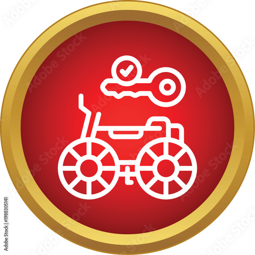Icon depicting a bicycle and key with a checkmark, representing bike sharing and rental