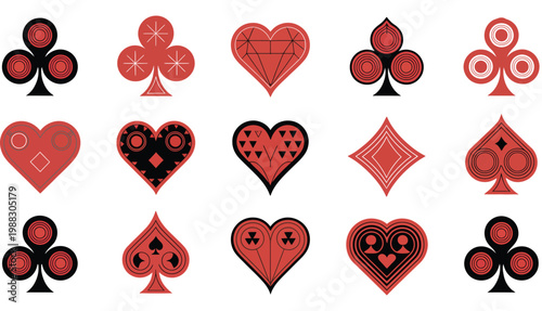 decorative playing card suits pattern set, hearts spades clubs diamonds collection, ornamental red black casino style, seamless background designs, elegant vector motifs, classic gambling symbols