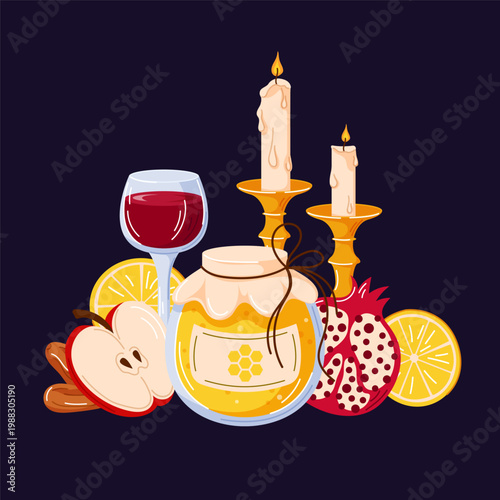 Rosh Hashanah holiday celebration food and candle composition. Jewish New Year concept. Illustration for greeting card, banner, poster in cartoon.