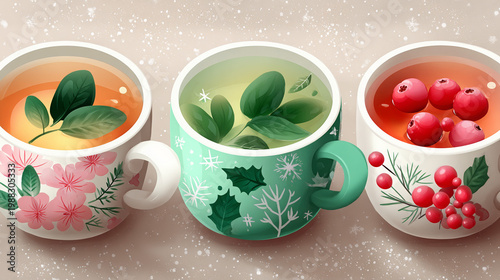 Colorful decorative mugs filled with herbal and fruit teas  