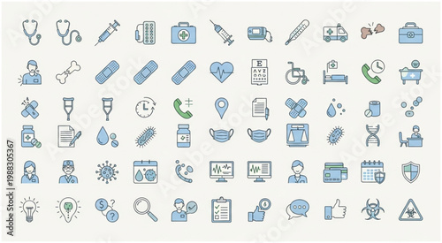 Collection of medical and healthcare icons representing various medical concepts and equipment.