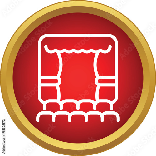 Theater stage with curtains and audience seating inside a red circle icon