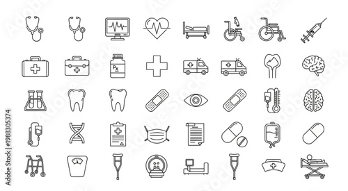 Collection of medical and healthcare icons representing various medical equipment and symbols.