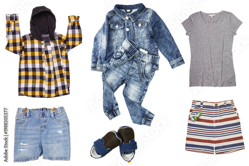 Collage set of little boys summer clothes isolated. Denim trousers and shorts, sneaker, jeans, pants and hoodie shirt for child boy. Children's spring fashion.