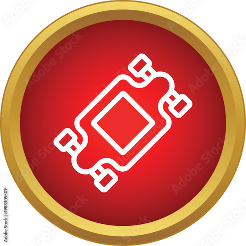 Longboard outline icon on a red circular button with a golden frame