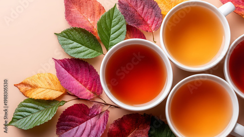 Four cups of tea with colorful autumn leaves on peach background  