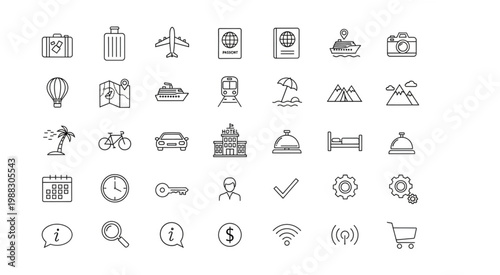 Collection of travel icons representing various aspects of tourism and vacation.