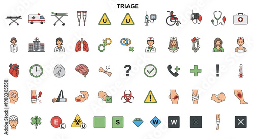 Medical triage icons representing various healthcare and emergency situations for quick assessment.