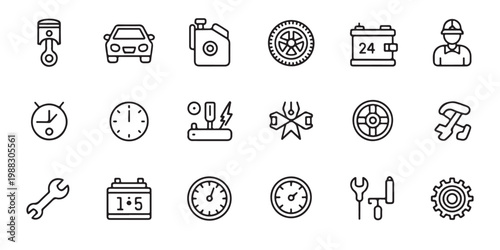 Car maintenance and auto repair service line icon set, automotive tools and parts