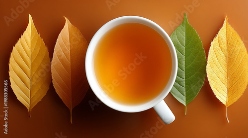 Autumn tea in white cup with colorful leaves on brown background  