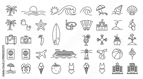 Collection of summer vacation and beach related line art icons.