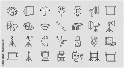 Collection of various photography and lighting equipment icons and symbols.