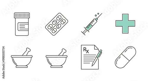 Medical supplies and pharmaceutical items displayed in a clean, organized arrangement.