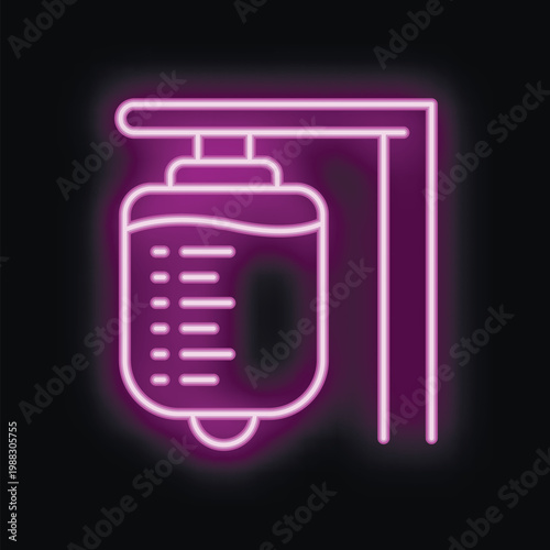 Glowing purple neon icon of an iv bag transfusing fluid, isolated on a black background, perfect for medical and healthcare concepts