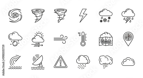 Weather icons depicting various natural phenomena and meteorological conditions in a line art style.